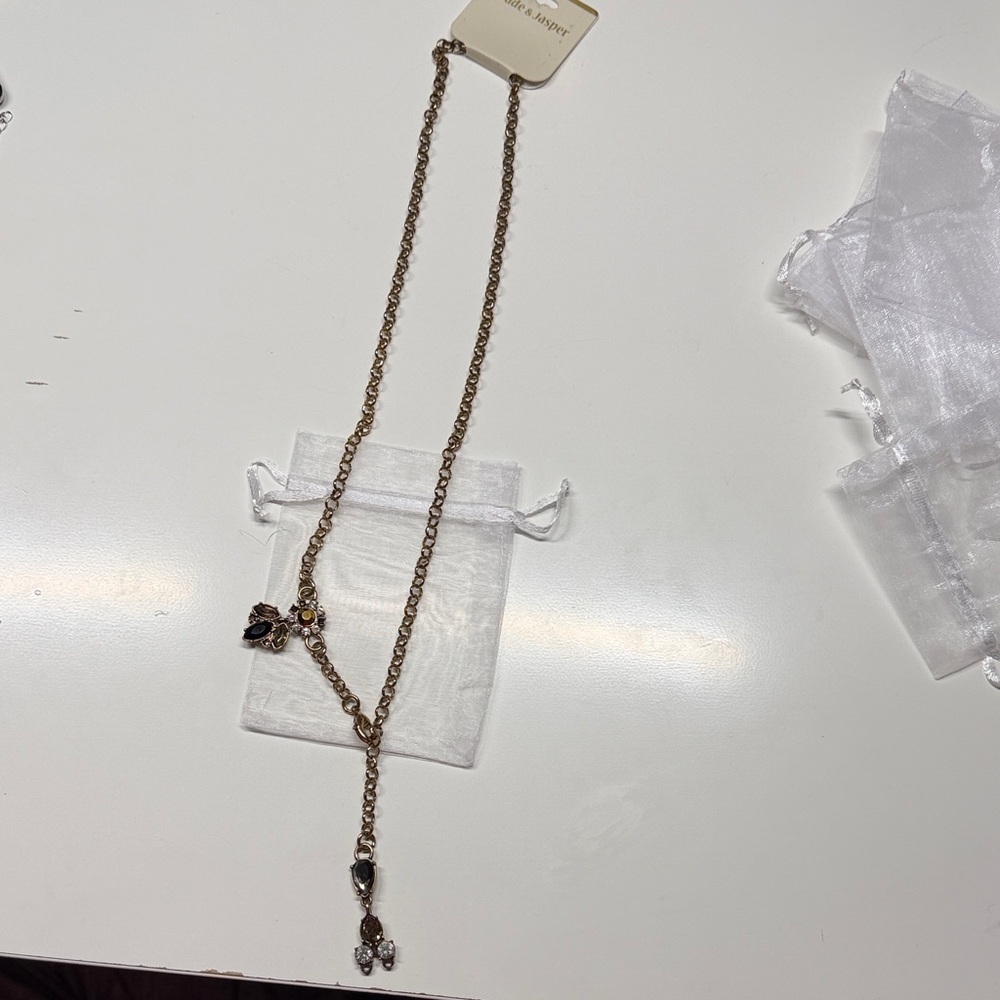 Delicate Gold-Tone Y-Drop Necklace with Black and Clear Accents